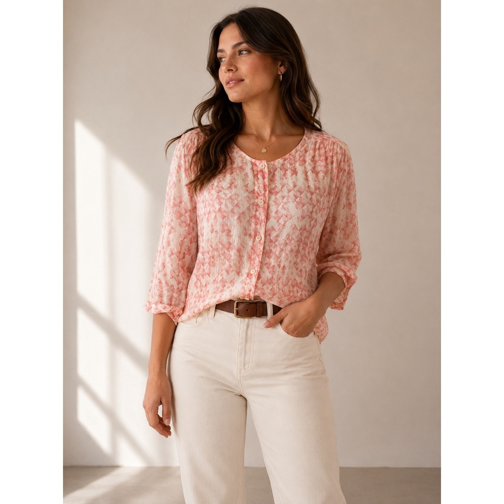 CAbi Emerson Silk Top Womens M Coral Geometric Semi Sheer Button Front‎ Blouse